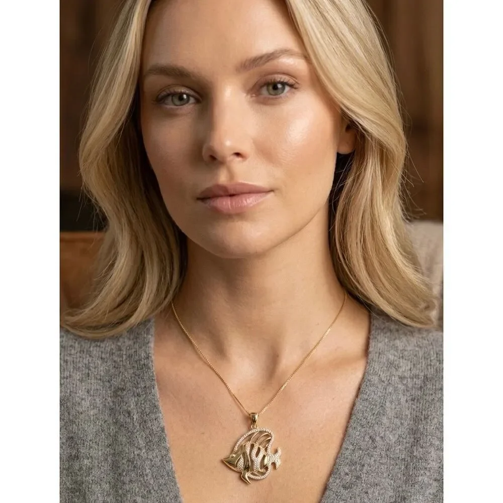 Gold Vermeil Moissanite Angel Fish Necklace Pendant Pave Diamond Cut Sparkle Sea
